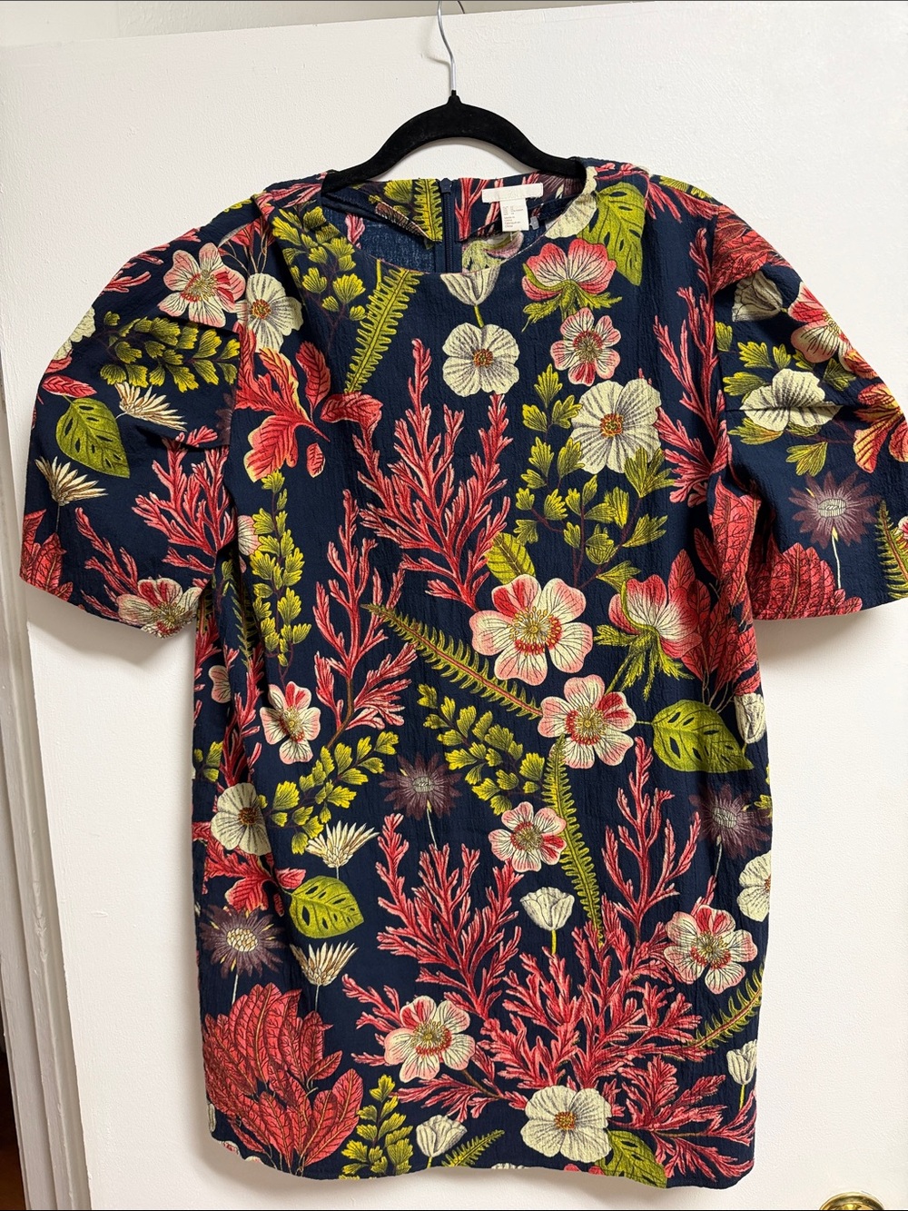 H&M Navy Floral Coral Puff Short Sleeve Stretch Cotton Mini Dress Large 14